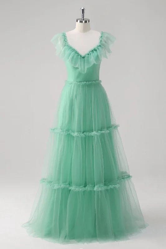 Wedding guest dresses with cut - out details and midi lengthsGreen A Line V-Neck Tiered Tulle Bridesmaid Dress Wedding guest dresses with cut - out details and midi lengthsGreen A Line V-Neck Tiered Tulle Bridesmaid Dress