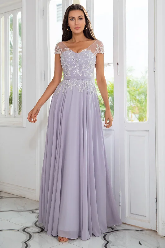 Cocktail dresses with a wrap - front style and a long - length optionGrey Chiffon Mother of the Bride Dress with Beading