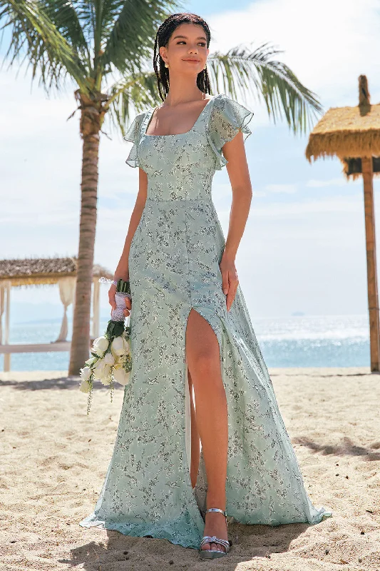 Halter - neck wedding guest dresses with beaded strapsGrey Green Printed Floral Bridesmaid Dress with Slit
