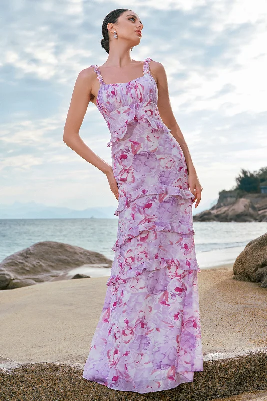 A - line cocktail wedding guest dresses in pastel colorsGrey Purple Floral Chiffon Long Bridesmaid Dress with Ruffles