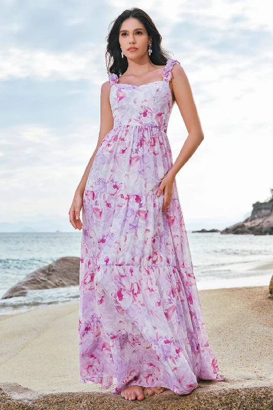 Asymmetric - hem wedding guest dresses in metallic huesGrey Purple Floral Spaghetti Straps A-Line Bridesmaid Dress