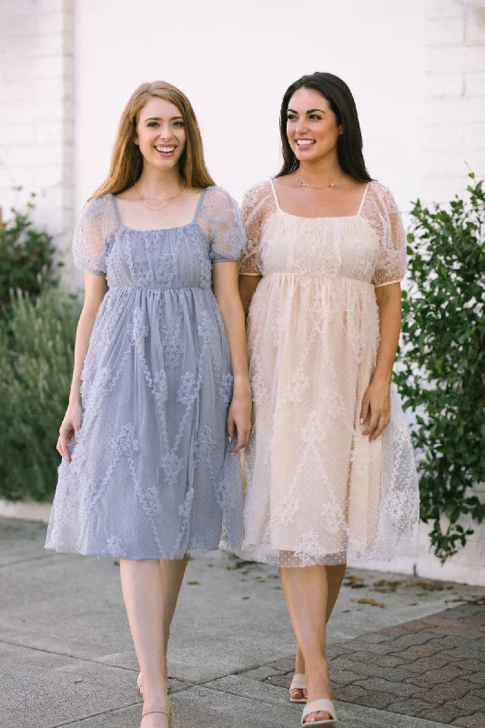 Midi wedding guest dresses in navy blue for a formal affairGwen Dotted Tulle Dress