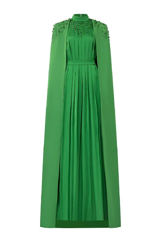 Party dresses with a metallic - thread embroidery for a luxurious touchHalcyon Cape Pleated Silk Floor Length Dress Party dresses with a metallic - thread embroidery for a luxurious touchHalcyon Cape Pleated Silk Floor Length Dress