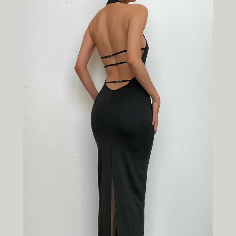 Bow - backed cocktail dresses with a fit - and - flare silhouetteBerryBetty - Halter backless slit solid sleeveless hollow out maxi dress