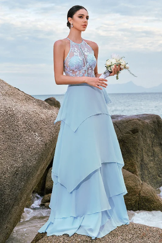 Off - the - shoulder wedding guest dresses in chiffonHalter Blue Floral A Line Bridesmaid Dress with Lace Up Back