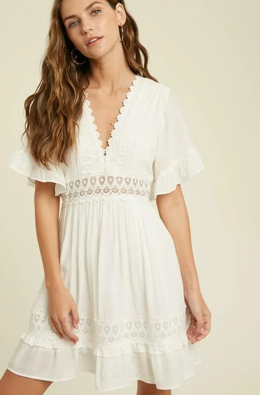Wedding guest dresses with gathered skirts and V - necklinesHeart Of Soul Ivory Short Sleeve Mini Dress