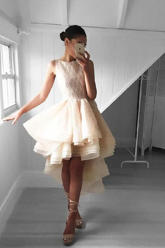 Evening party dresses with a long train for a dramatic entranceHigh Low Peach Lace Short Homecoming Dress Party Dresses PG142 Evening party dresses with a long train for a dramatic entranceHigh Low Peach Lace Short Homecoming Dress Party Dresses PG142