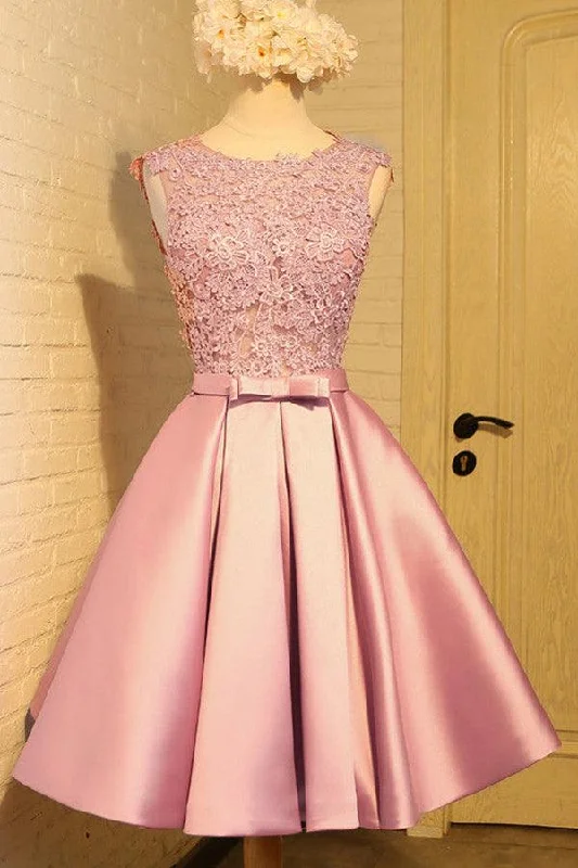 Midi - length party dresses for a modest and fashionable choice​Homecoming Dress Appliques Bowknot Satin Short Prom Dress Party Dress PD454