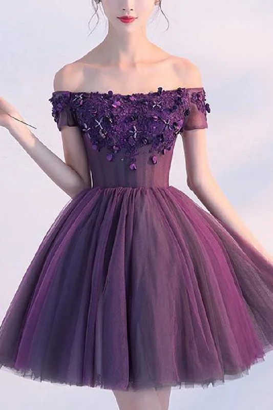 Party dresses with a unique neckline, like a sweetheart or square neckHomecoming Dress Purple Off-the-shoulder Short Prom Dress Party Dress PD354 Party dresses with a unique neckline, like a sweetheart or square neckHomecoming Dress Purple Off-the-shoulder Short Prom Dress Party Dress PD354