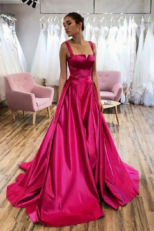 Cocktail party dresses in a classic little black dress style​Hot Pink A-line Satin Long Prom Dress Court Train Evening Dress PSK275