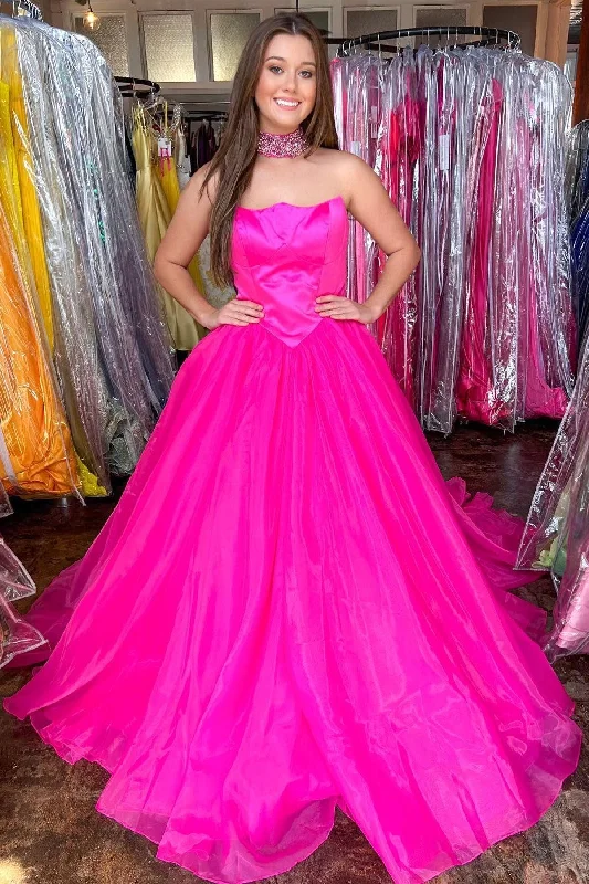 Satin party dresses with a smooth and lustrous finishHot Pink Strapless A-line Round Neck Tulle Prom Dress Formal Dress PSK319 Satin party dresses with a smooth and lustrous finishHot Pink Strapless A-line Round Neck Tulle Prom Dress Formal Dress PSK319