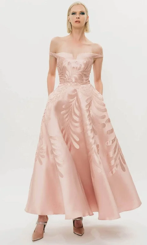 Asymmetric - hem wedding guest dresses in metallic huesHynes Park M563 - Printed Off-Shoulder Prom Gown