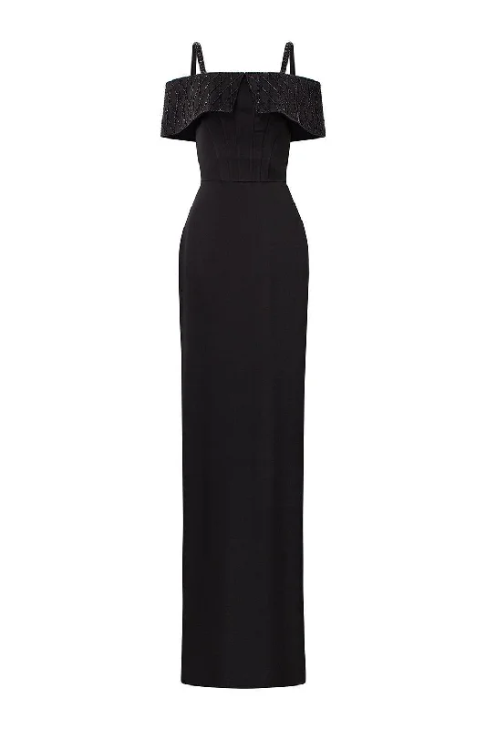 80s - inspired party dresses with bold colors and big shouldersImmerse Sheath Cold Shoulder Sleeved Taffeta Silk Floor Length Dress 80s - inspired party dresses with bold colors and big shouldersImmerse Sheath Cold Shoulder Sleeved Taffeta Silk Floor Length Dress