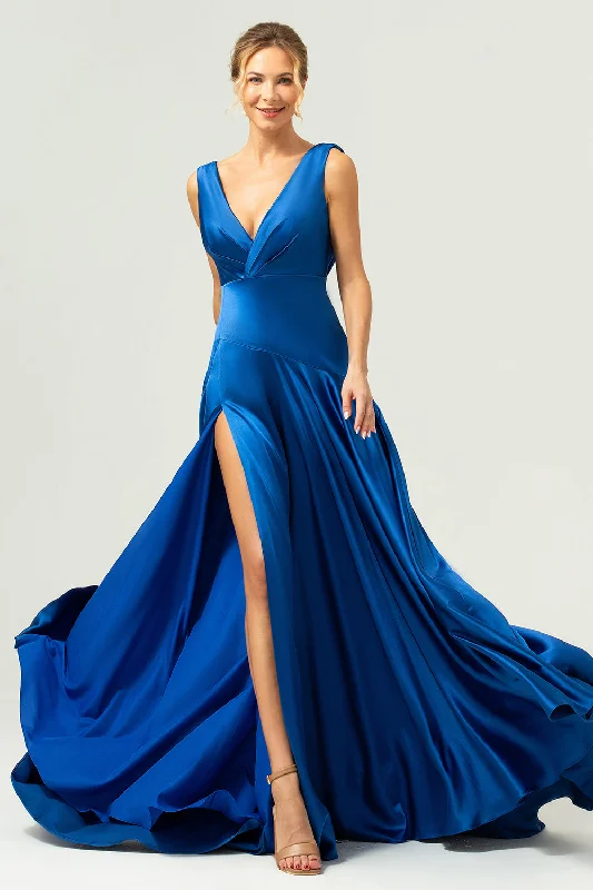 Wedding guest dresses with patchwork designs for a unique lookInk Blue A Line V-Neck Satin Long Bridesmaid Dress with Slit Wedding guest dresses with patchwork designs for a unique lookInk Blue A Line V-Neck Satin Long Bridesmaid Dress with Slit