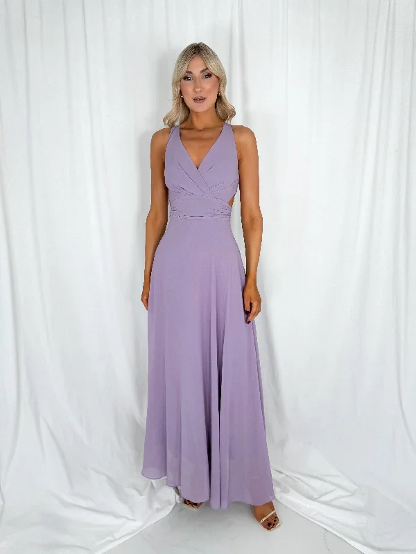 Wedding guest dresses with cold - shoulder ruffled sleeves and knee - length hemsIris Cut Out Maxi Dress - Lilac