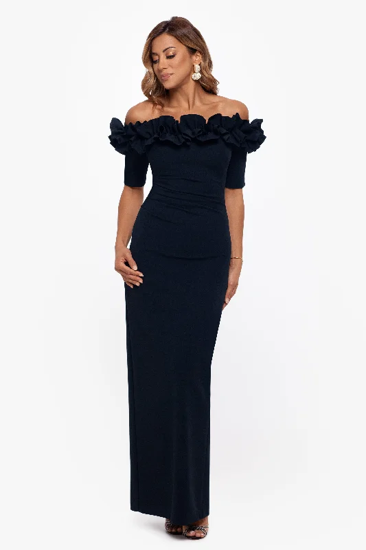 Strapless cocktail dresses with a sweetheart neckline and a full skirt"Isla" Long Crepe Off the Shoulder Ruffle Dress