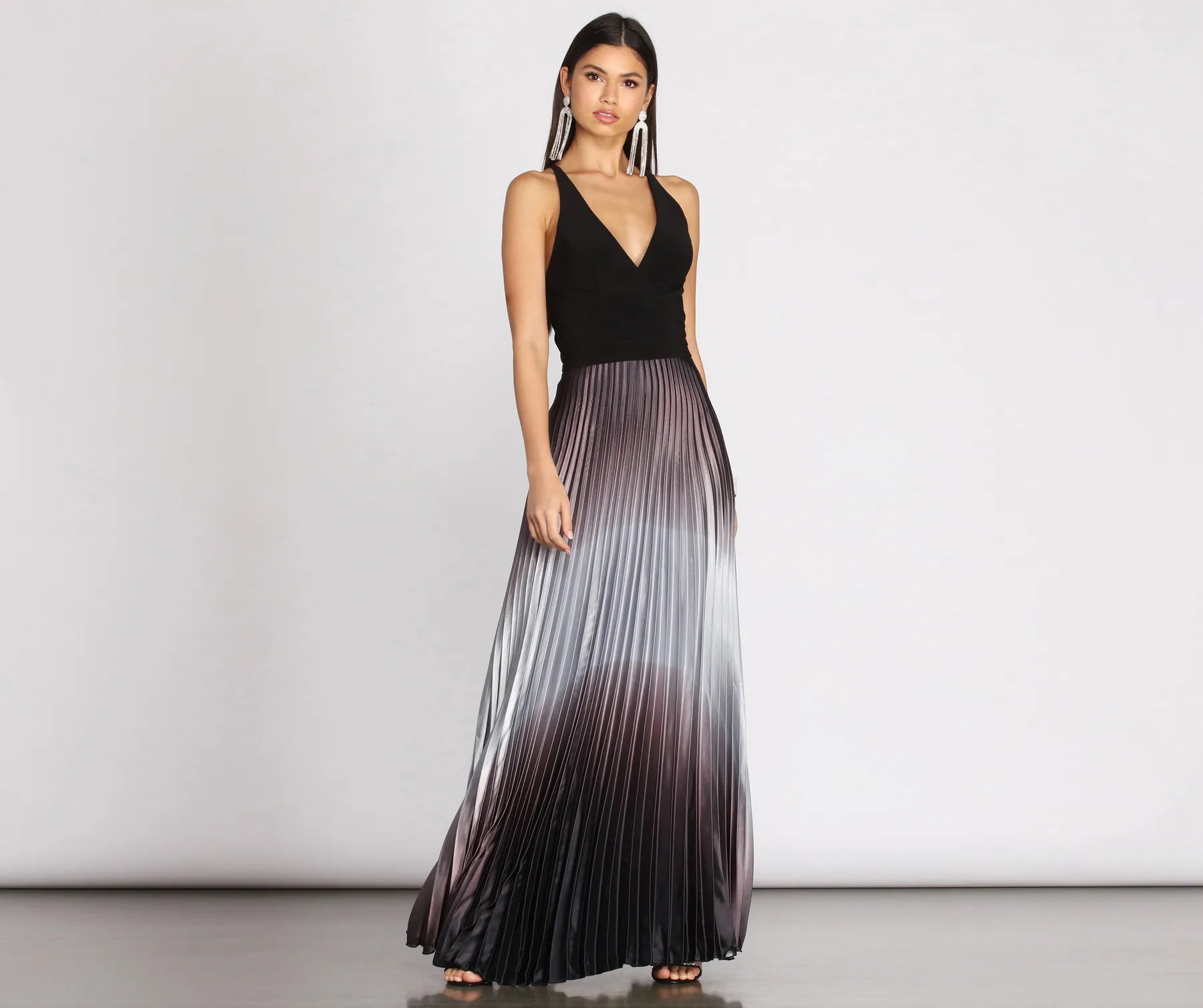 Wedding guest dresses with keyhole backs and flowing fabricsJanella Cross Back Pleated Ombre Dress