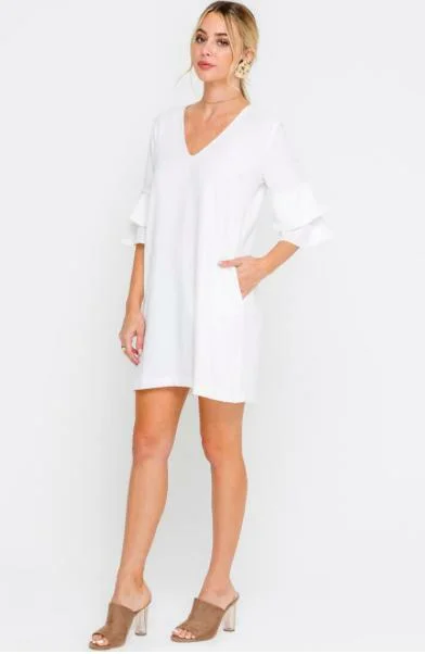 Wedding guest dresses with abstract prints and long trainsJaqueline White Ruffle Sleeve Shift Dress