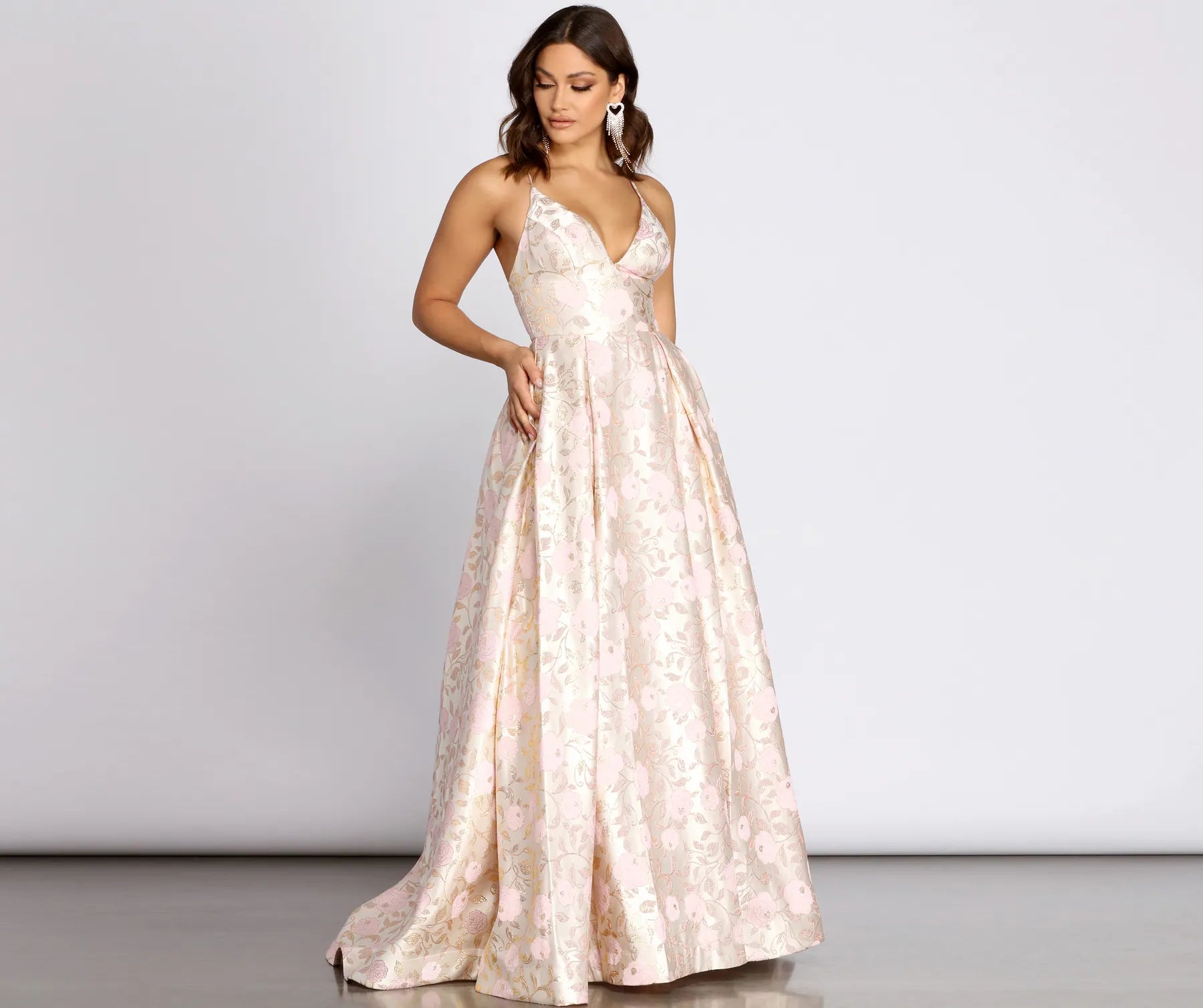 Polka - dot - printed wedding guest dresses with short sleevesJessica Brocade Floral Ball Gown