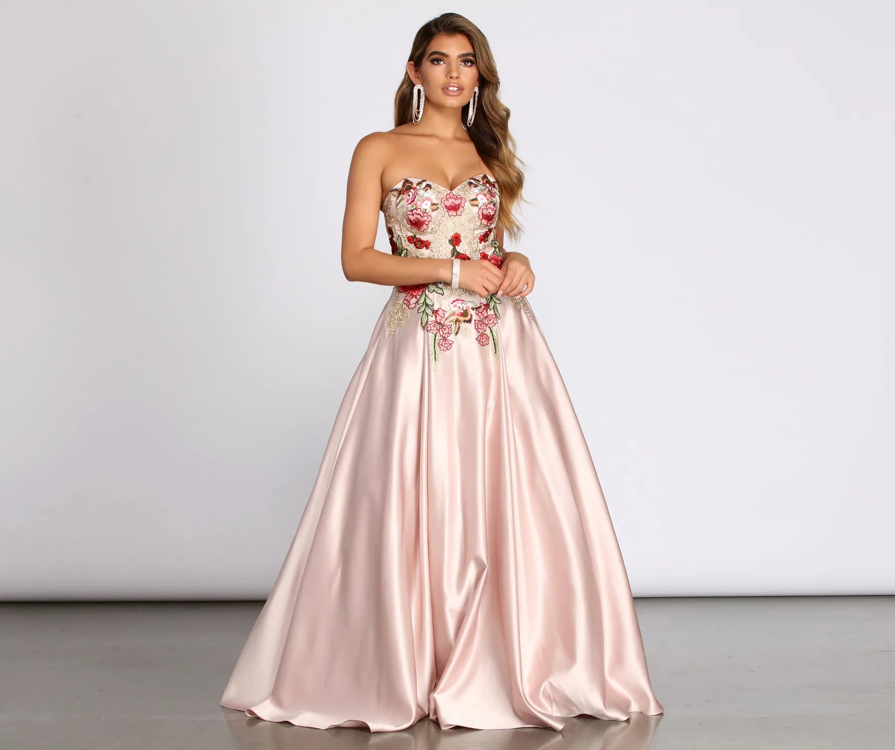 Wedding guest dresses with patchwork designs for a unique lookJoanne Floral Satin Ball Gown