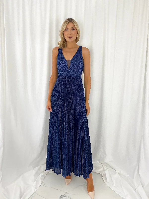 Wedding guest dresses with gathered skirts and V - necklinesJoely Pleated Maxi Glitter Dress - Navy