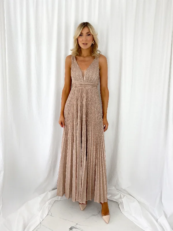 Wedding guest dresses with cold - shoulder ruffled sleeves and knee - length hemsJoely Pleated Maxi Glitter Dress - Old Rose