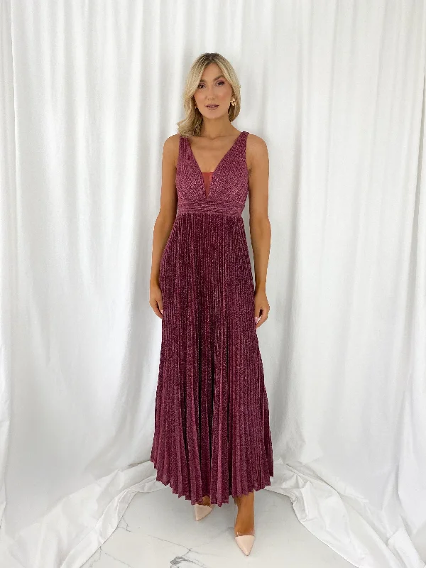 Wedding guest dresses with pom - pom trims for a playful lookJoely Pleated Maxi Glitter Dress - Wine