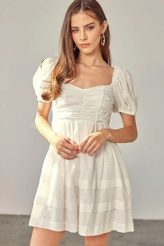 Strapless wedding guest dresses with rhinestone - studded bodicesJosephine White Ruched Puff Sleeve Mini Dress Strapless wedding guest dresses with rhinestone - studded bodicesJosephine White Ruched Puff Sleeve Mini Dress