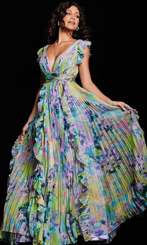 Bow - backed wedding guest dresses in silk for a luxurious feelJovani 34412 - Floral Print Flutter Long Dress