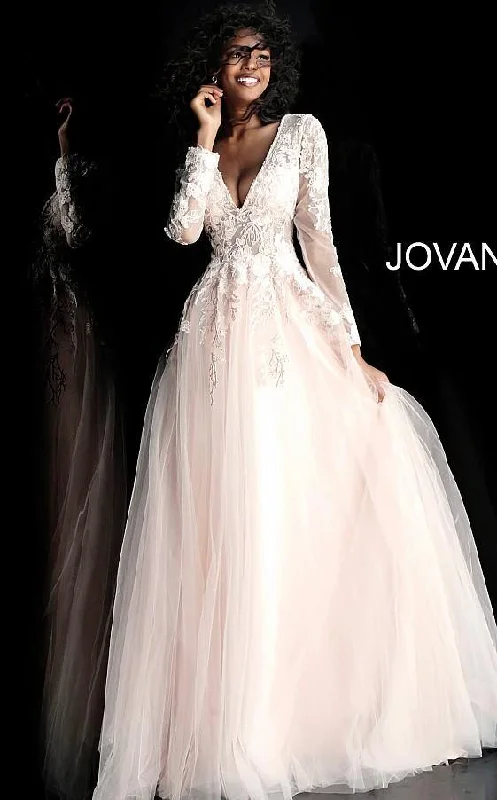 Bodycon dress with a bow accent​Jovani 67393 Sheer Long Sleeve Prom Ball Gown