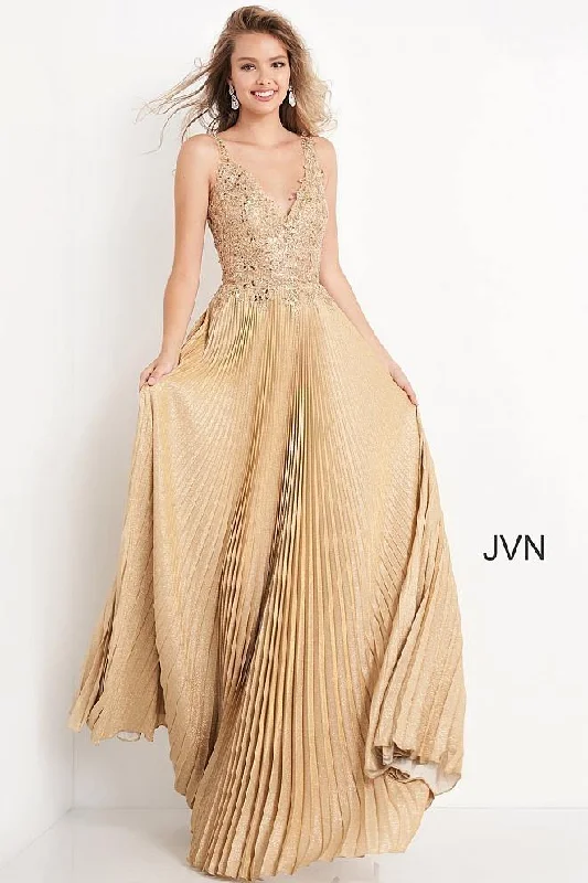 Sheer wedding guest dresses with lace inserts and long sleevesJovani 04568 Long Sleeveless Prom Dress