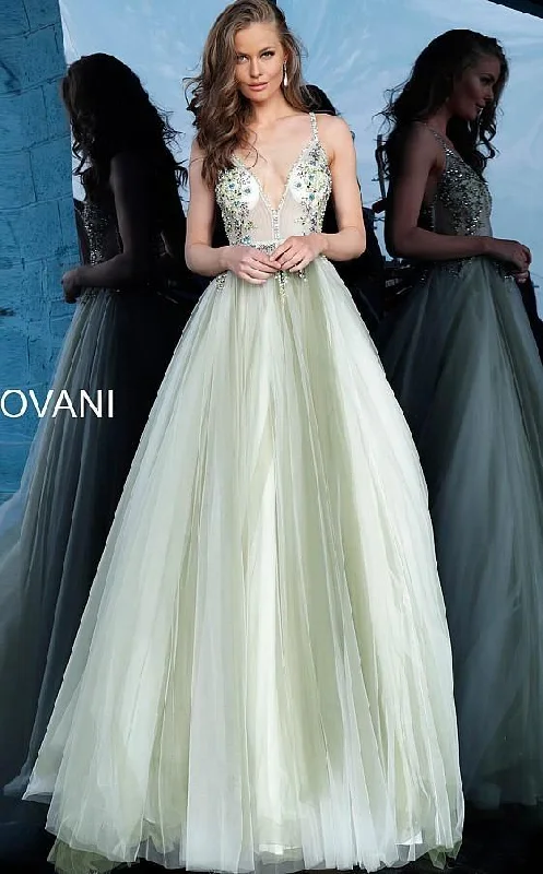 Bodycon dress with a scalloped edge​Jovani 66352 Prom Long Spaghetti Strap Ball Gown