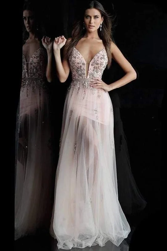 Bodycon dress with a ruffled trim​Jovani 55621 Prom Long Spaghetti Strap Evening Gown
