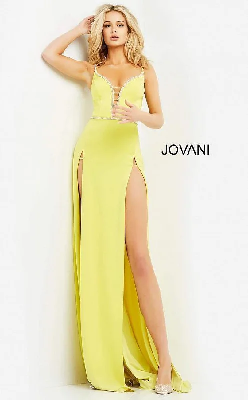 Bodycon dress with a wrap - around style​Jovani 06557 Prom Long Spaghetti Strap Formal Dress