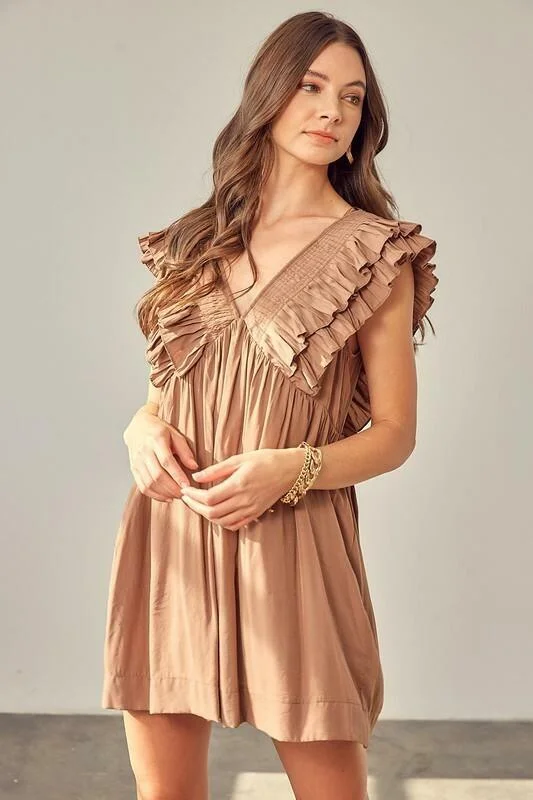 Wedding guest dresses with gathered skirts and V - necklinesKat Latte Ruffle Romper Dress Wedding guest dresses with gathered skirts and V - necklinesKat Latte Ruffle Romper Dress
