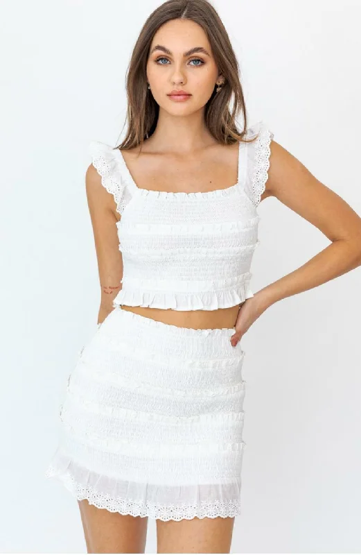 Sheer wedding guest dresses with lace inserts and long sleevesKathleen White Eyelet Lace Smocked Two-Piece Dress Set