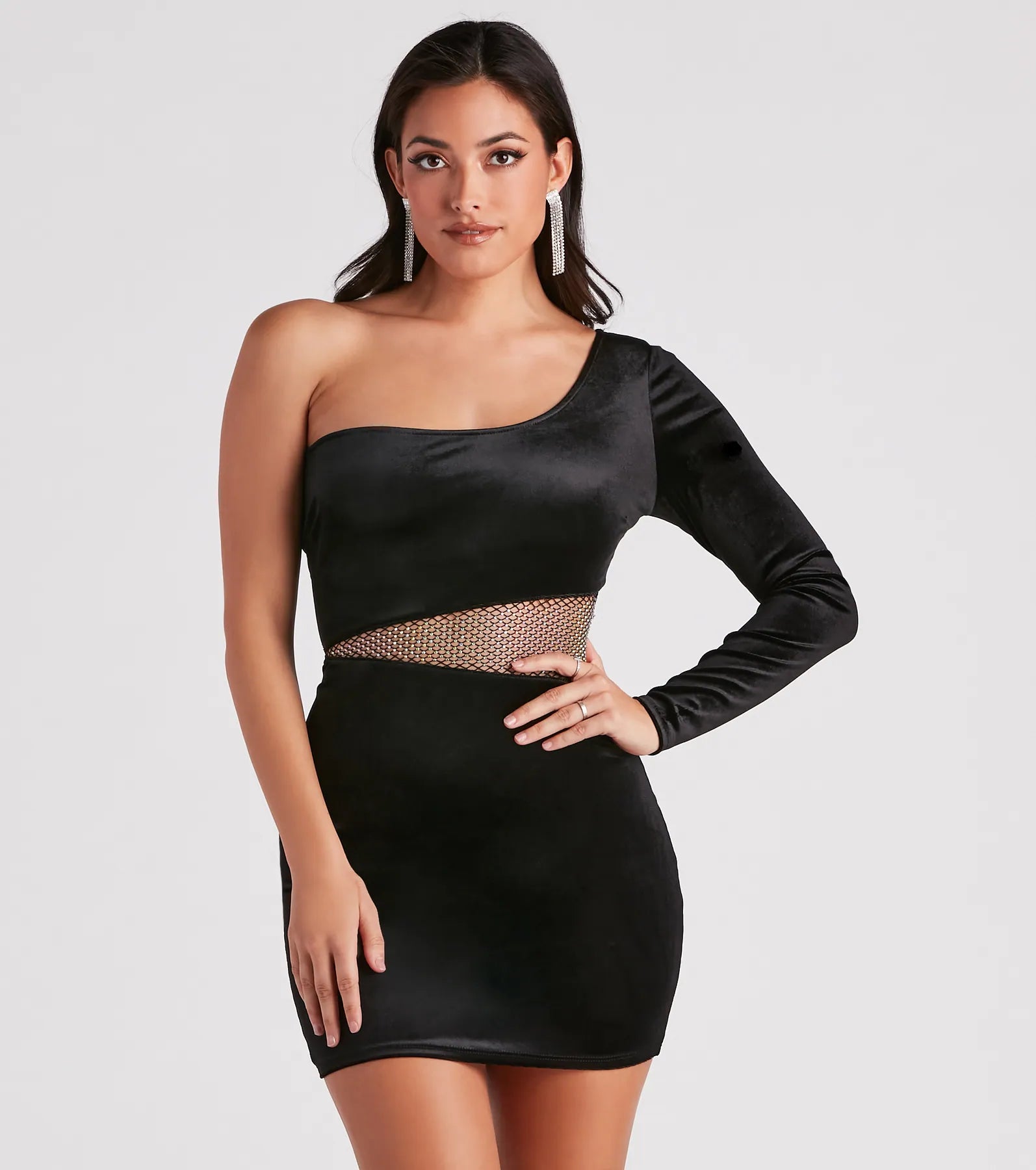 Bodycon dress with a button - down front​Keep It Luxe Rhinestone Velvet Mini Dress