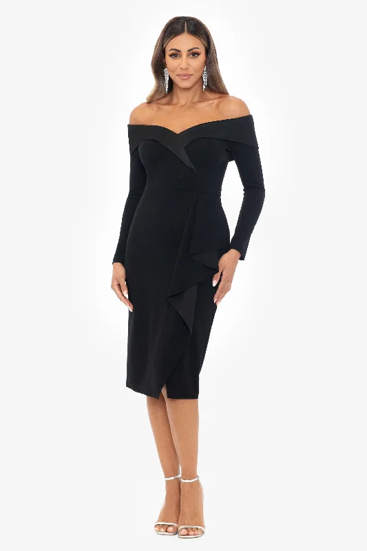 Long - cocktail dresses with a slit and a fitted bodice"Kelsey" Short Scuba Crepe Off the Shoulder Long Sleeve Dress