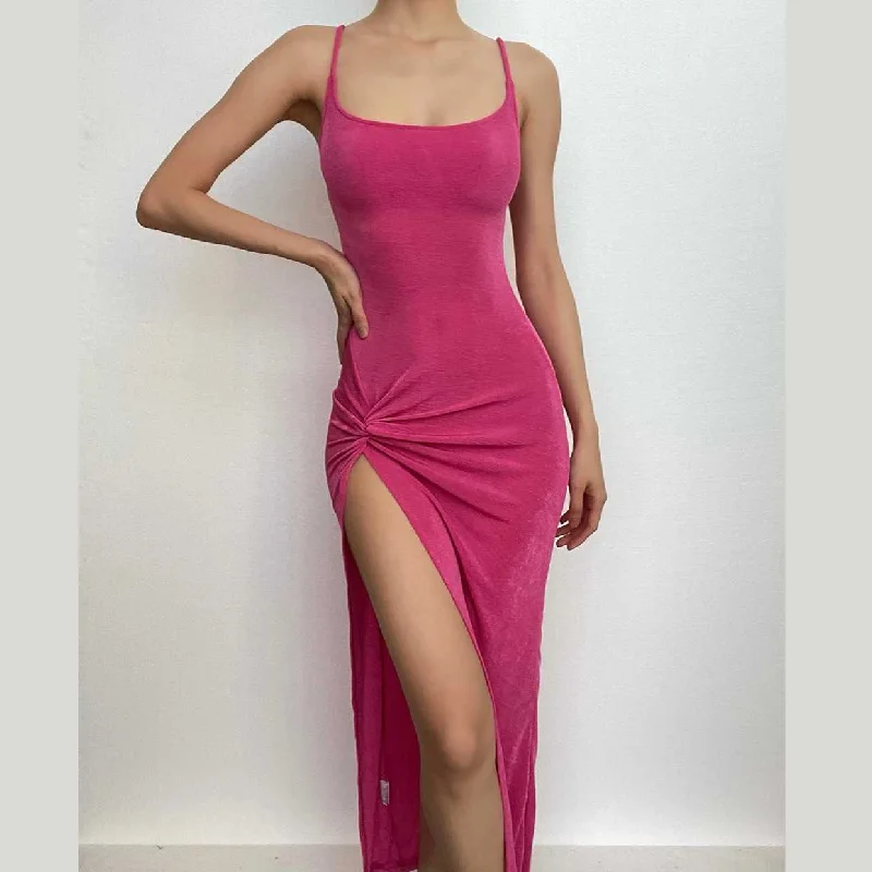 Ruffled cocktail dresses with a knee - length hem for a feminine appealBerryBetty - Knotted u neck slit solid irregular backless cami midi dress Ruffled cocktail dresses with a knee - length hem for a feminine appealBerryBetty - Knotted u neck slit solid irregular backless cami midi dress