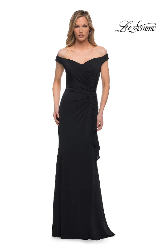 Plaid wedding guest dresses in muted colors for a fall weddingLa Femme - 29925 Off Shoulder Sheath Evening Dress