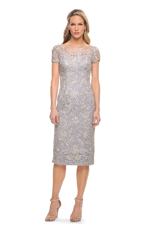 Mini cocktail dresses with a ruffled hem and a solid colorLa Femme 30108 Dress