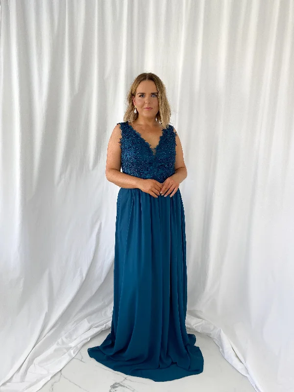 Midi wedding guest dresses in navy blue for a formal affairLaetitia Maxi Dress with Embroidered Top - Petrol Blue