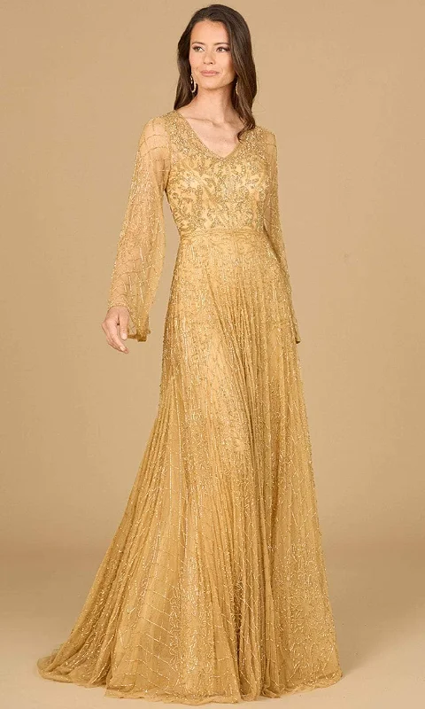 Wedding guest dresses with high - low hems and floral appliquesLara Dresses 29115 - Flare Sleeve Embellished Gown