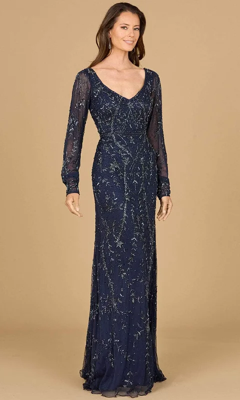 Wrap - style wedding guest dresses with bow accentsLara Dresses 29120 - Bishop Sleeve Beaded Evening Gown