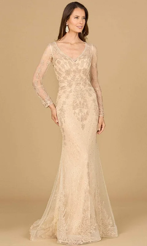 Sheath - style wedding guest dresses with lace overlaysLara Dresses 29128 - Lace Appliqued V-Neck Evening Gown