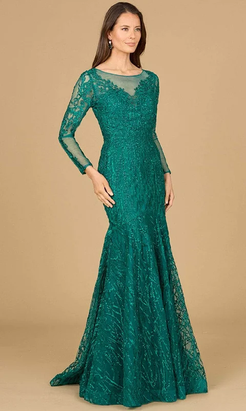 Wedding guest dresses with keyhole backs and flowing fabricsLara Dresses 29131 - Long Sleeve Applique Evening Gown