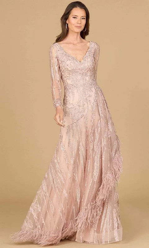A - line cocktail wedding guest dresses in pastel colorsLara Dresses 29133 - Deep V-Neck Lace Evening Gown
