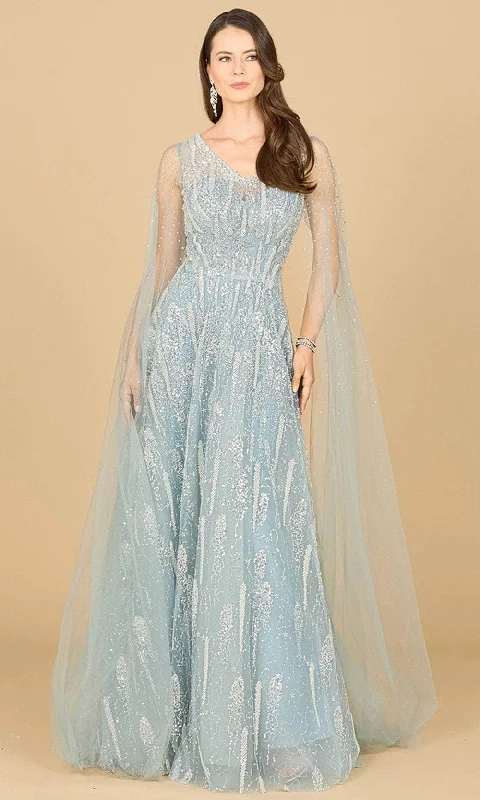 Wedding guest dresses with mesh panels and empire waistsLara Dresses 29143 - Embellished Cape Sleeve Evening Gown