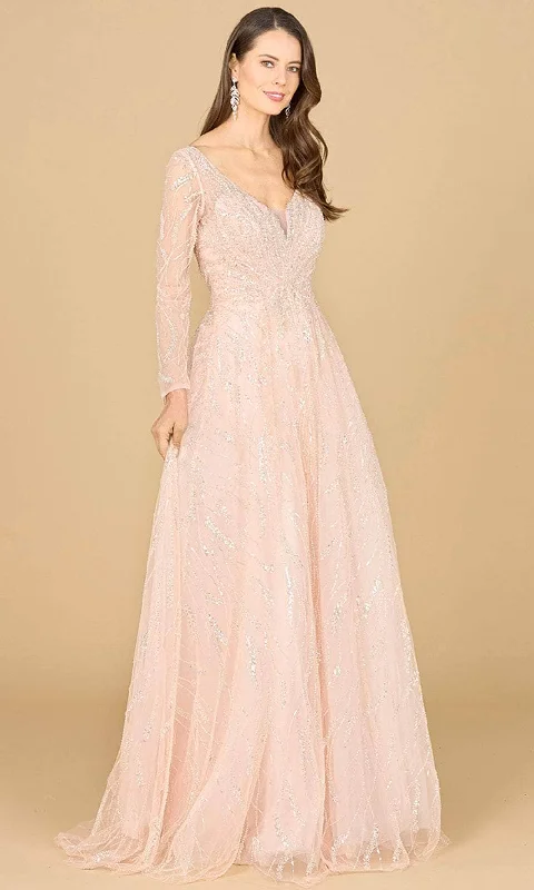 Wedding guest dresses with gathered skirts and V - necklinesLara Dresses 29157 - Beaded Lace V-Neck Evening Dress