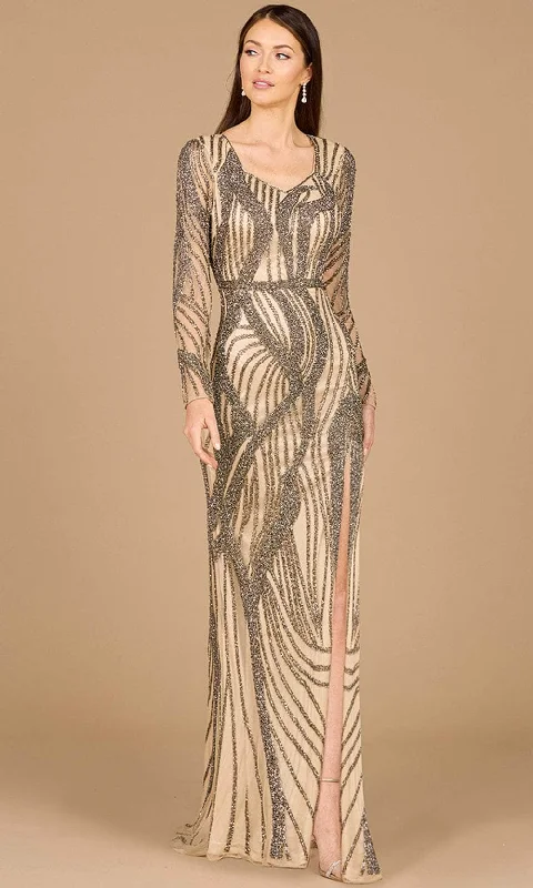 One - shoulder wedding guest dresses with beaded detailsLara Dresses 29165 - Beaded Long Sleeve Gown with Slit
